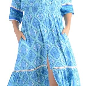 Walker & Wade Dress Small Tory Aqua Diamond Maxi Smocked Waistband Eyelet